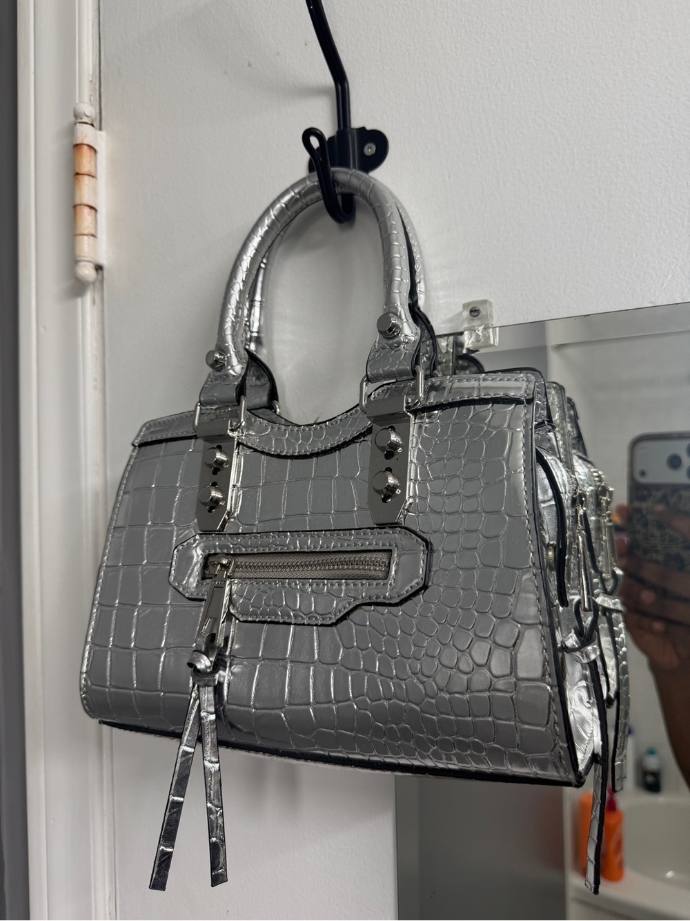 Aldo Silver Croc-Embossed Satchel Handbag